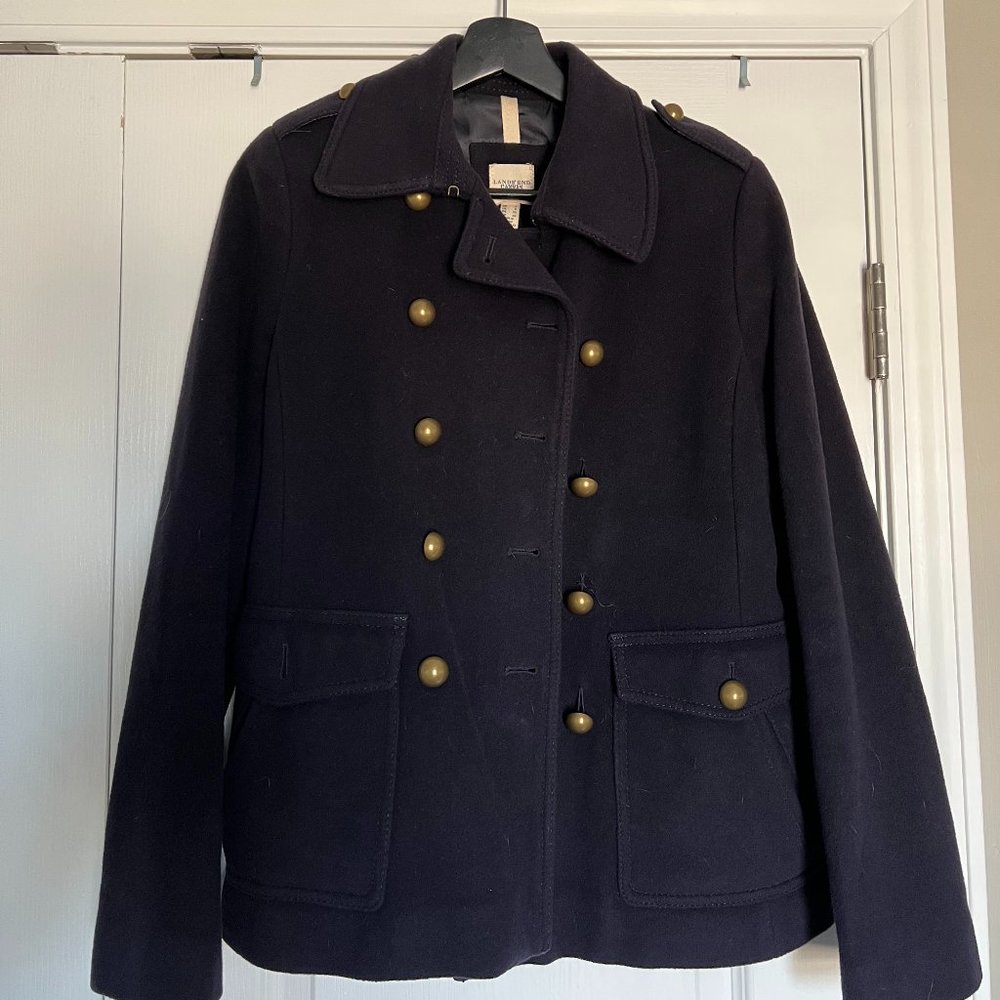 Land's End Navy Double Breasted Pea Coat Size 2 Wool Cashmere Blend